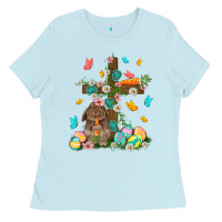 Baby Blue Western Rabbit with Cross Easter Day Ladies Tee - HowdyJamesFarm