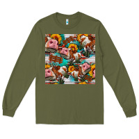 Army Green cow with aztec and sunflowers seamless pattern Long Sleeve Tee - FaDigitalArtStudio