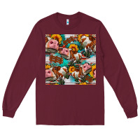 Burgundy cow with aztec and sunflowers seamless pattern Long Sleeve Tee - FaDigitalArtStudio