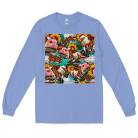 Colony Blue cow with aztec and sunflowers seamless pattern Long Sleeve Tee - FaDigitalArtStudio