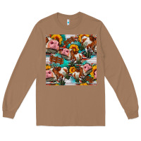 Toasted Coconut cow with aztec and sunflowers seamless pattern Long Sleeve Tee - FaDigitalArtStudio