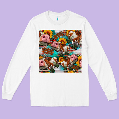 Cow With Aztec And Sunflowers Seamless Pattern Long Sleeve Tee Designed By Fadigitalartstudio