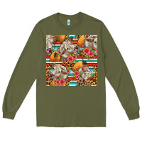 Army Green western cow with hay and flowers seamless pattern Long Sleeve Tee - FaDigitalArtStudio