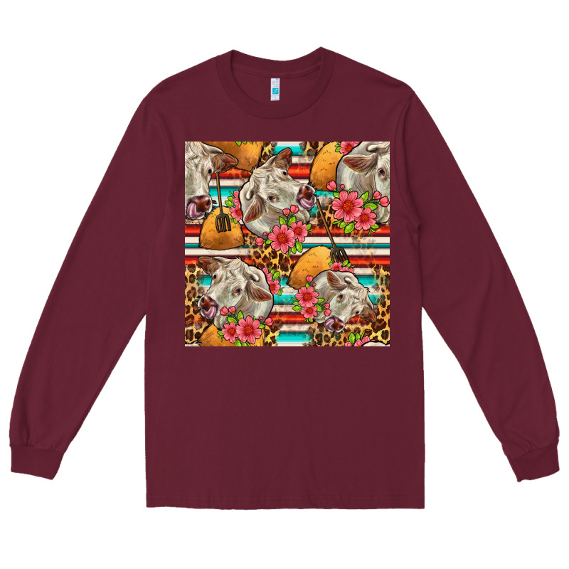 Western Cow With Hay And Flowers Seamless Pattern Long Sleeve Tee by FaDigitalArtStudio | Teevron