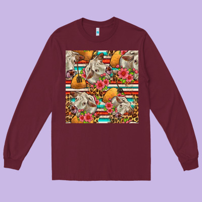 Western Cow With Hay And Flowers Seamless Pattern Long Sleeve Tee Designed By Fadigitalartstudio