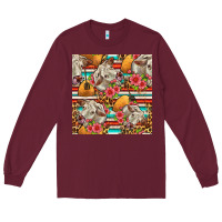 Burgundy western cow with hay and flowers seamless pattern Long Sleeve Tee - FaDigitalArtStudio