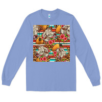 Colony Blue western cow with hay and flowers seamless pattern Long Sleeve Tee - FaDigitalArtStudio
