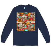 Navy western cow with hay and flowers seamless pattern Long Sleeve Tee - FaDigitalArtStudio