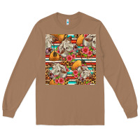 Toasted Coconut western cow with hay and flowers seamless pattern Long Sleeve Tee - FaDigitalArtStudio