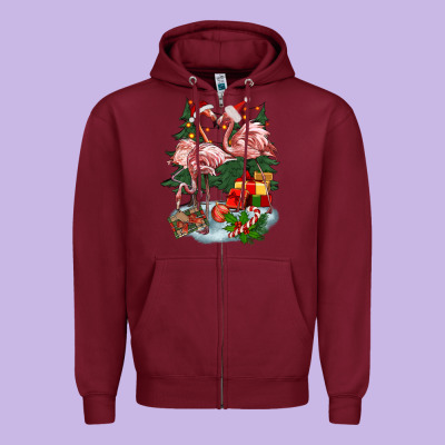Christmas Flamingo Zipper Hoodie Designed By Barkaloodesign