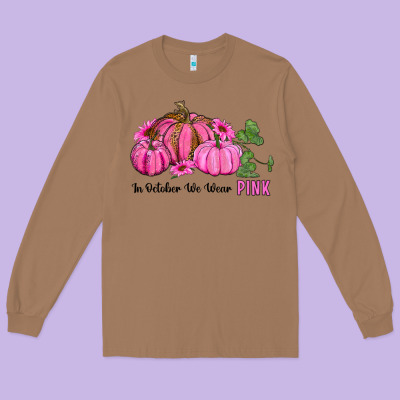In October We Wear Pink Pumpkin And Sunflowers Long Sleeve Tee Designed By Ranaportraitstore