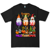 Black Happy Hallothanksmas wine glasses and gnomes Premium Tee - texasbilliewilder