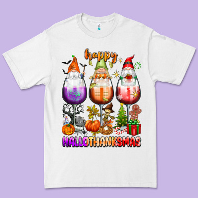 Happy Hallothanksmas Wine Glasses And Gnomes Premium Tee Designed By Texasbilliewilder