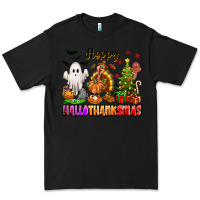 Black Happy Hallothanksmas with ghost turkey and tree Premium Tee - texasbilliewilder