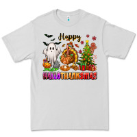 Dove Grey Happy Hallothanksmas with ghost turkey and tree Premium Tee - texasbilliewilder