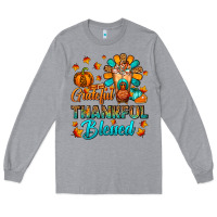 Heather Grey Grateful Thankful Blessed Thanksgiving Cold Drink Long Sleeve Tee - FaDigitalArtStudio