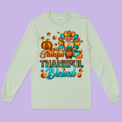 Grateful Thankful Blessed Thanksgiving Cold Drink Long Sleeve Tee Designed By Fadigitalartstudio