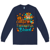 Navy Grateful Thankful Blessed Thanksgiving Cold Drink Long Sleeve Tee - FaDigitalArtStudio