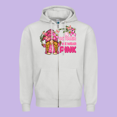 In October We Wear Pink Gnome Zipper Hoodie Designed By Barkaloodesign