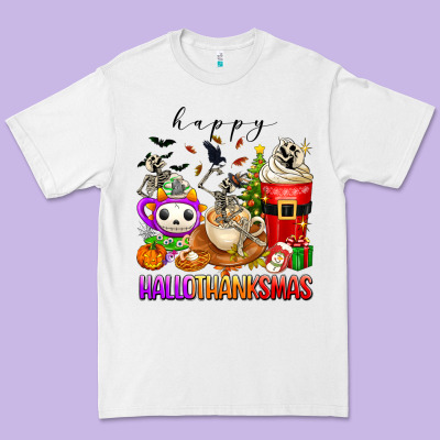 Happy Hallothanksmas Skeleton Coffee Cups Premium Tee Designed By Texasbilliewilder