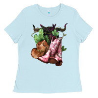 Baby Blue Cowgirl boots hat horns cactus Ladies Tee - HowdyJamesFarm