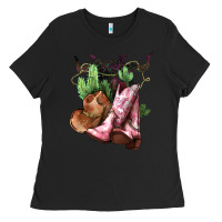 Black Cowgirl boots hat horns cactus Ladies Tee - HowdyJamesFarm