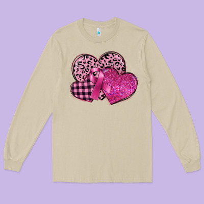 Breast Cancer Hearts Long Sleeve Tee Designed By Fadigitalartstudio