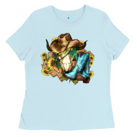 Baby Blue Cow skull Cowboy boots hats sunflowers Ladies Tee - HowdyJamesFarm