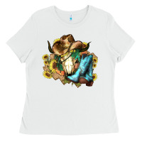 White Cow skull Cowboy boots hats sunflowers Ladies Tee - HowdyJamesFarm