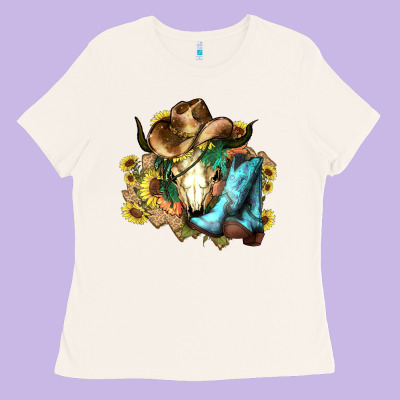 Cow Skull Cowboy Boots Hats Sunflowers Ladies Tee Designed By Howdyjamesfarm