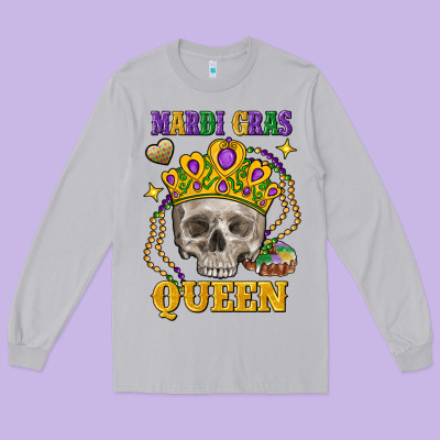 Skull Mardi Gras Queen Long Sleeve Tee Designed By Fadigitalartstudio