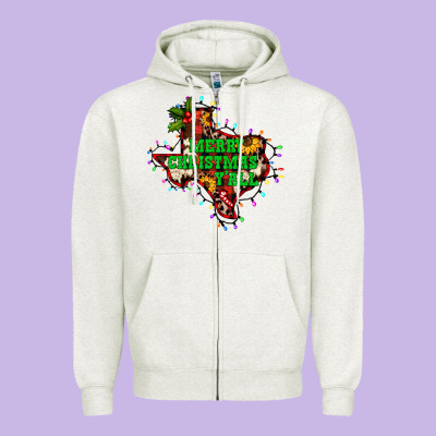 Merry Christmas Y'all Texas Map Zipper Hoodie Designed By Barkaloodesign