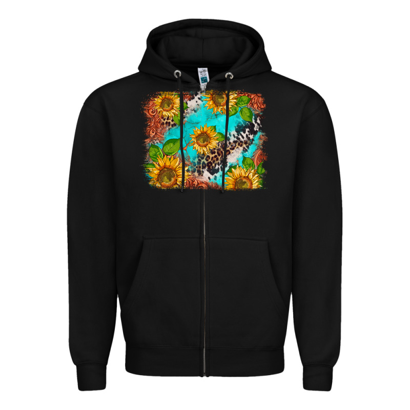 Western Sunflowers Turquoise Cowhide  Tooled Leather Zipper Hoodie by BarkalooDesign | Teevron