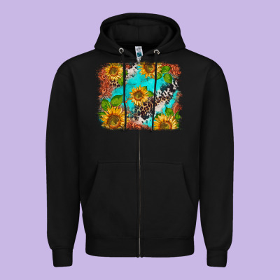 Western Sunflowers Turquoise Cowhide  Tooled Leather Zipper Hoodie Designed By Barkaloodesign