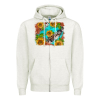 Oatmeal Heather western sunflowers turquoise cowhide  tooled leather Zipper Hoodie - BarkalooDesign