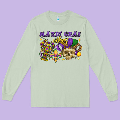 Mardi Gras Vibes Skull Long Sleeve Tee Designed By Fadigitalartstudio