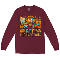 Burgundy Happy Thanksgiving Coffee Cups Long Sleeve Tee - FaDigitalArtStudio