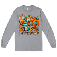 Heather Grey Happy Thanksgiving Coffee Cups Long Sleeve Tee - FaDigitalArtStudio