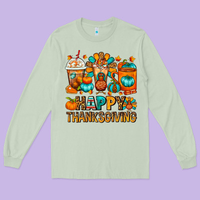 Happy Thanksgiving Coffee Cups Long Sleeve Tee Designed By Fadigitalartstudio