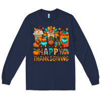 Navy Happy Thanksgiving Coffee Cups Long Sleeve Tee - FaDigitalArtStudio