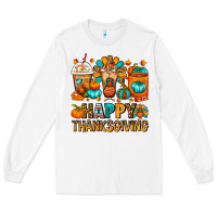White Happy Thanksgiving Coffee Cups Long Sleeve Tee - FaDigitalArtStudio