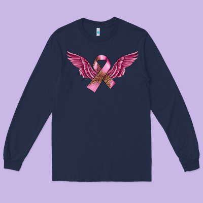 Breast Cancer Ribbon With Angel Wings Long Sleeve Tee Designed By Fadigitalartstudio
