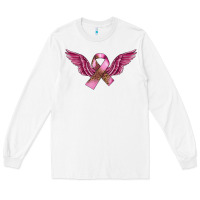 White Breast Cancer ribbon with angel wings Long Sleeve Tee - FaDigitalArtStudio