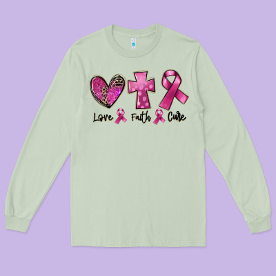 Love Faith Cure Breast Cancer Long Sleeve Tee Designed By Fadigitalartstudio