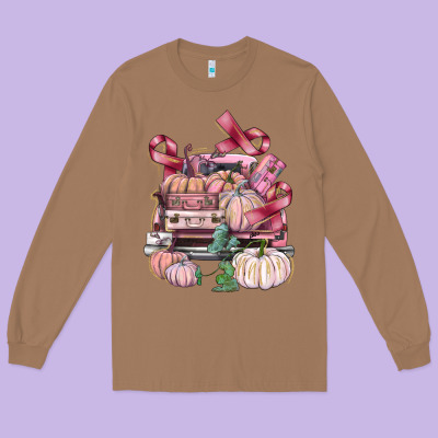 Breast Cancer Truck With Pumpkins Long Sleeve Tee Designed By Fadigitalartstudio