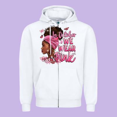 In October We Wear Pink Zipper Hoodie Designed By Barkaloodesign