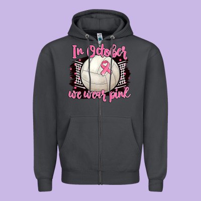 In October We Wear Pink Volleyball Zipper Hoodie Designed By Barkaloodesign