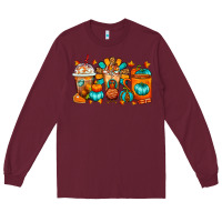 Burgundy Thanksgiving Coffee Cups Long Sleeve Tee - FaDigitalArtStudio
