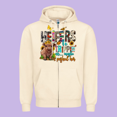 Heifers Be Trippin Ok Maybe I Pushed Her Zipper Hoodie Designed By Barkaloodesign