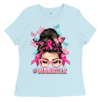 Baby Blue Warrior Cancer messy bun Cancer Awareness Ladies Tee - HowdyJamesFarm